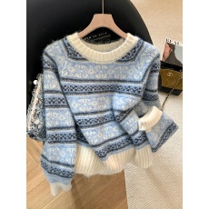批发实拍秋冬新款费尔岛风复古提花撞色设计<b class='q'>宽松</b>显瘦圆领套头<b class='q'>毛衣</b>女