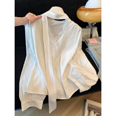 批发实拍飘带拼接蕾丝衬衫女士春秋2026新款超火穿搭衬衣女春季上衣