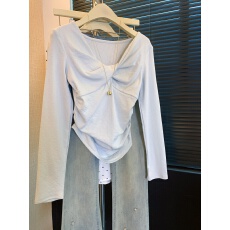 批发实拍设计感扭结V领褶皱长袖打底T恤<b class='q'>女</b>春甜美纯色收腰显瘦小衫上衣