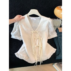 批发实拍刺绣<b class='q'>中国风</b>盘扣新中式上衣女夏2026新款别致泡泡袖v领小衫潮