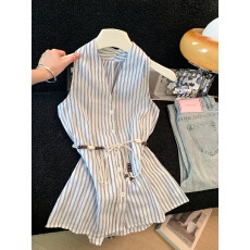 批发实拍挂脖蓝色条纹衬衫女夏季款别致削肩<b class='q'>背心</b>绑带束腰设计感上衣