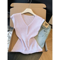 批发实拍新款温柔韩系风V领纽扣针织衫韩版百搭短袖显瘦修身气质上衣