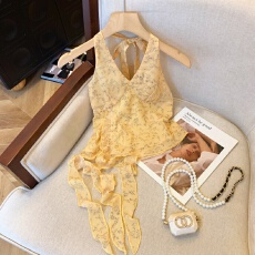 批发实拍黄色碎花吊带纯欲风显瘦木耳边<b class='q'>不规则</b>飘带2026短款上衣女夏