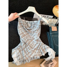 批发实拍不规则蕾丝拼接格子吊带背心女夏季2026假两件收腰显瘦上衣潮