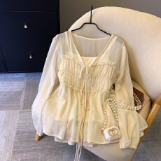 批发实拍高级感抽褶系带<b class='q'>雪纺衫女</b>春夏2026<b class='q'>新款</b>长袖洋气减龄薄款上衣