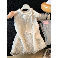 批发实拍温柔风蝴蝶结<b class='q'>无袖</b>蕾丝衫女夏季新款刺绣上衣气质白色网纱衬衫