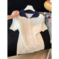 批发实拍甜美风撞色娃娃领短袖针织开衫女2026年夏季新款<b class='q'>白色</b>显瘦上衣