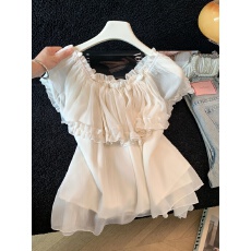 批发实拍洋气减龄荷叶边<b class='q'>一字肩</b>雪纺衫女夏季百搭独特别致漂亮小衫上衣