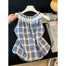 批发实拍<b class='q'>甜美</b>风无袖上衣女显瘦花边领格纹背心设计感减龄别致衬衫夏季