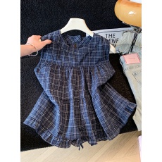 批发实拍韩系复古风撞色格子系带背心衬衫女夏季宽松显瘦无袖<b class='q'>裙摆</b>上衣
