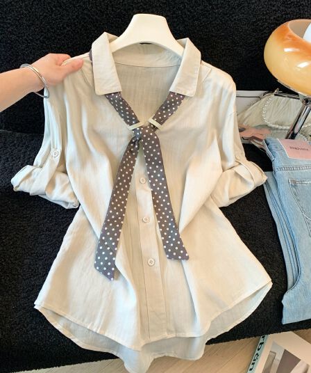 실사 도트 무늬 스카프 POLO 칼라 반팔 긍정적 인 어깨 여성 셔츠 여름 새로운 한 부서 세련된 루즈핏 고유 한 맨위