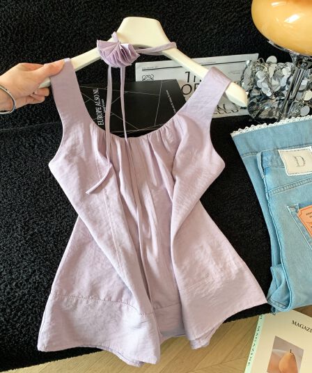 실사 한 부서 여름 단색 미니멀리즘 주름 광장 칼라 민소매 조끼 3 차원 꽃 행침 목 외국 가스 조끼 맨위