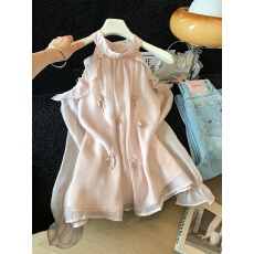 批发实拍温柔风露肩挂脖<b class='q'>长袖</b>雪纺衬衫女早秋2026新款花朵超仙衬衣<b class='q'>上衣</b>