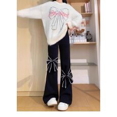批发蝴蝶结微喇叭裤女2026年新春秋季新款牛仔裤黑色宽松拖地显瘦长裤