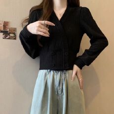 批发原版做工<b class='q'>大码</b>交叉v领打底衫秋冬胖mm显瘦收腰洋气内搭短款上衣