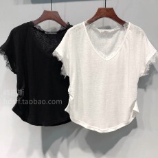 批发纯色<b class='q'>V领</b>蕾丝边宽松显瘦飞飞袖<b class='q'>T</b><b class='q'>恤</b>上衣