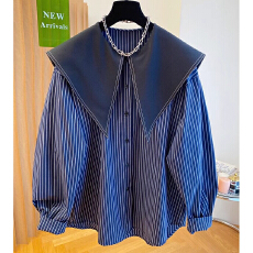 批发胖mm<b class='q'>大码</b>长袖衬衫女<b class='q'>秋装</b>宽松条纹衬衣大翻领海军领上衣