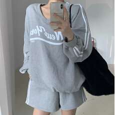 批发休闲运动套装<b class='q'>女</b>2026新春秋宽松V领字母<b class='q'>套头卫衣</b>+阔腿短裤两件套潮