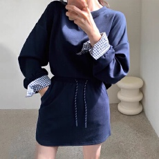 批发<b class='q'>韩国</b>chic春秋法式设计感假两件拼接格子长袖<b class='q'>卫衣</b>+A字半身裙短裙