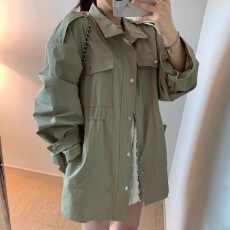 批发韩国chic春夏复古气质翻领拉链式暗扣抽褶收腰显瘦<b class='q'>百搭</b>风衣外套女