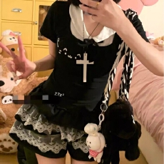 原版质量撞色翻领短袖上衣T恤甜美穿搭