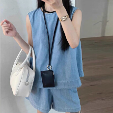 批发韩系仿牛仔套装<b class='q'>女</b>夏季新款休闲慵懒风<b class='q'>运动</b>无袖背心<b class='q'>短裤</b>两件套显瘦