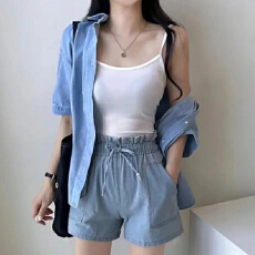 批发高级感仿牛仔套装<b class='q'>女</b>夏季宽松休闲<b class='q'>运动</b>服短袖衬衫<b class='q'>短裤</b>两件套小个子