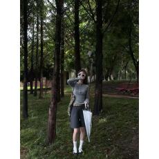 批发韩系灰色假两件打底衫小众拼接长袖2025早秋新款五分西裤两件套