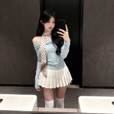 批发纯欲风露肩气质chic长袖<b class='q'>T</b>恤女一<b class='q'>字</b>肩修身辣妹百搭上衣显瘦百褶裙