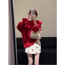 批发韩系圣诞氛围感穿搭套装女秋冬季荷叶边针织上衣高腰半身裙两件套