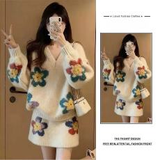 批发秋冬季穿搭一整套女2025新款韩系氛围感针织衫显瘦减龄短裙两件套