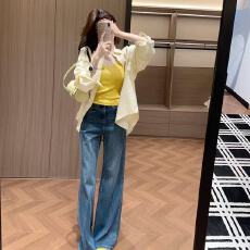 批发2026早春新款韩系气质黄色衬衫薄款叠穿背心复古显瘦牛仔<b class='q'>裤</b>三件套