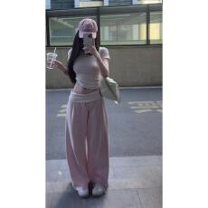 批发2026辣妹上衣女短款显瘦修身短袖T恤翻折腰凉感透气休闲卫裤套装