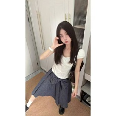 批发韩系甜美木耳边系带修身泡泡袖短款上衣女2026春季新款裙子套<b class='q'>装</b>女