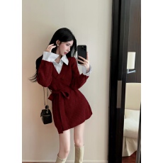 批发2025新款秋冬季韩系polo领拼接<b class='q'>假两件</b>撞色收腰针织衫毛衣百搭<b class='q'>上衣</b>