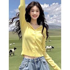 批发奶黄<b class='q'>色</b>连帽针织毛衣外套女秋冬高级感小个子韩系穿搭<b class='q'>开衫</b>外搭上衣