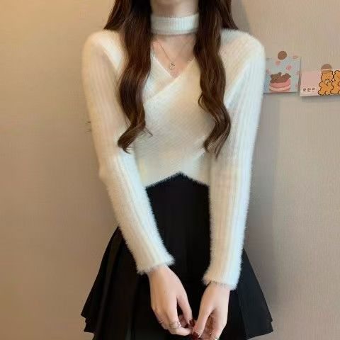 봄 가을 겨울 새로운 일본식 여성 센스 이슬 쇄골 행침 목 긴팔 니트 맨위 여성 부드러운 찹쌀 스웨터 모방 fall