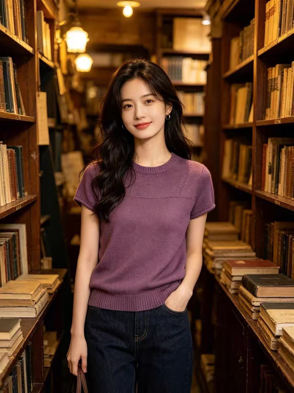 2026 여름 새로운 보라색 니트 반팔 티셔츠 여성 루즈핏 라운드 넥 품격 출퇴근 슬림해 보이는 다용도 맨위