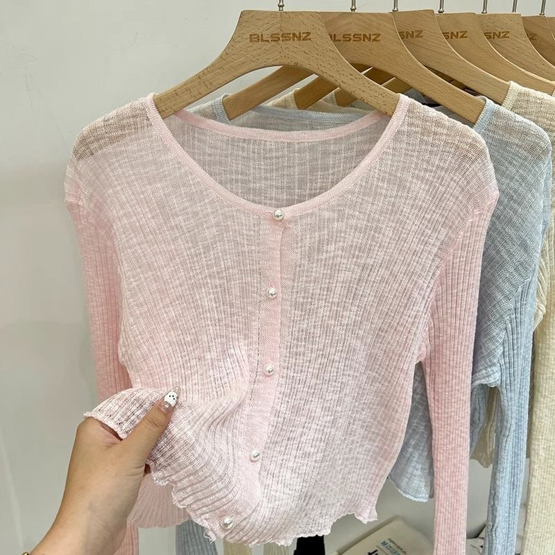 진주 버클 숄 여름 경기 슬립 치마 외부 가져 가라. 자외선 차단 블라우스 얇은 스타일 구덩이 기사 라운드 넥 긴팔 니트 오픈 가디건