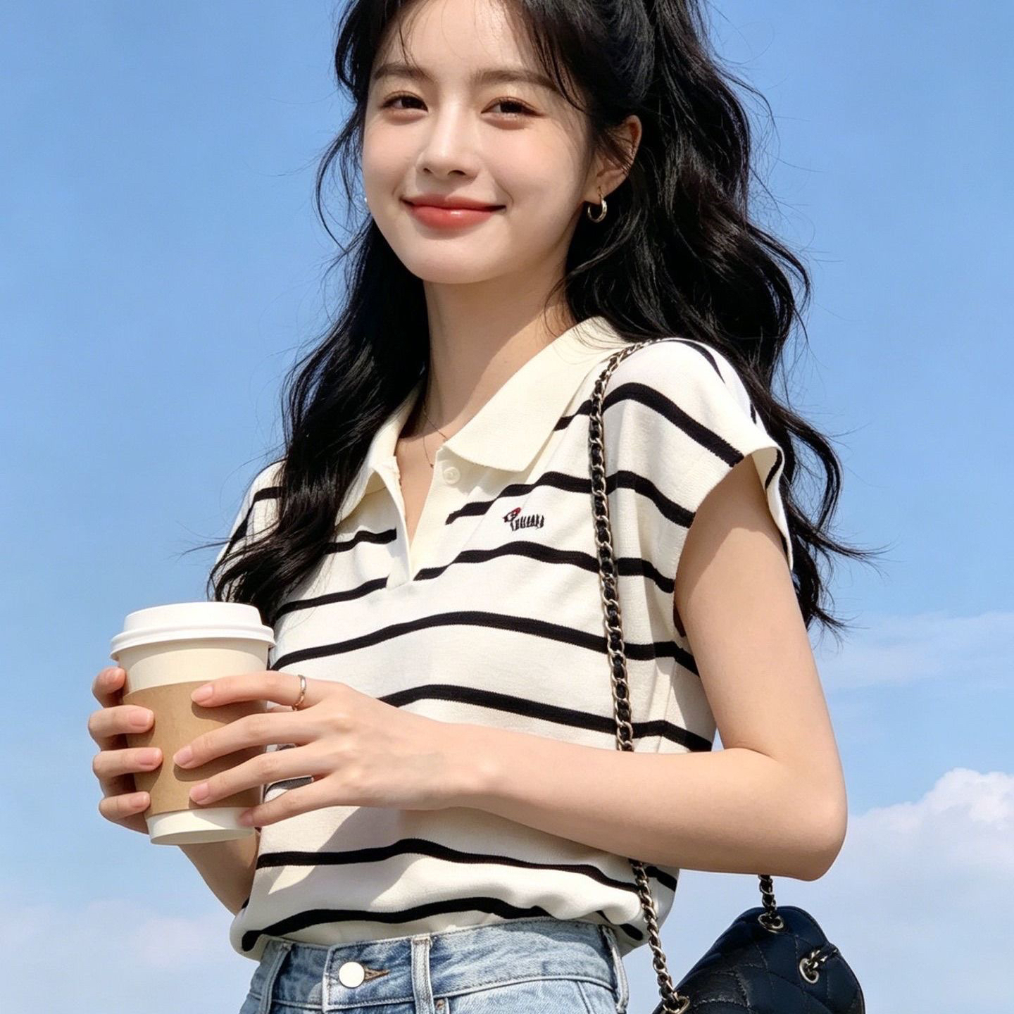 한 부서 스트라이프 얼음 실크 니트 반팔 POLO 셔츠 티셔츠 여성 여름 작은 키 쇼트 스타일 폴로 칼라 작은 날다 소매 맨위