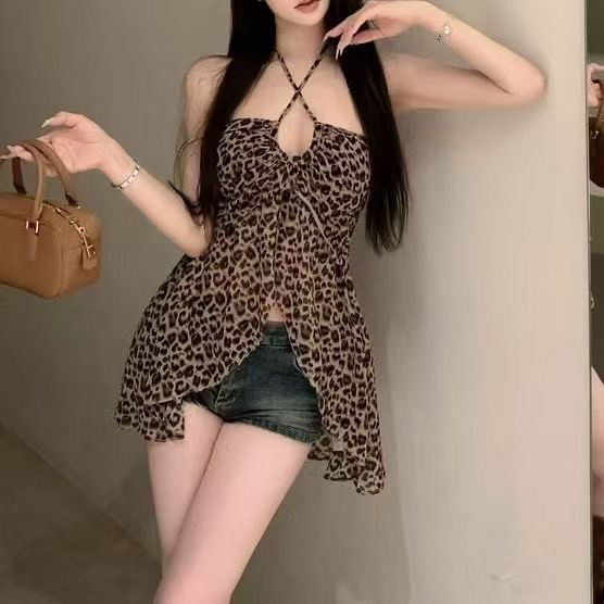 레트로 레오파드 무늬 프린트 행침 목 캐미솔 벨트 가슴 패드 허리 수축 프릴 백리스 순수한 욕망 핫걸 맨위 여성