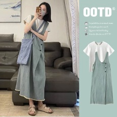 批发大量 新款2026韩版休闲宽松减龄简约牛仔背带裙套装