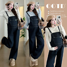 批发实拍2026春新款<b class='q'>孕妇</b><b class='q'>可调</b>节背带裤小熊针织纯色打底衫套装