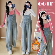 批发加绒实拍XIAN货2025秋冬新款孕妇加绒牛仔阔腿<b class='q'>背带裤</b>裤减龄两件套