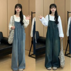 批发2026少女范春季气质抽绳<b class='q'>孕妇</b><b class='q'>牛仔</b>背带裤+纯色打底连体裤套装