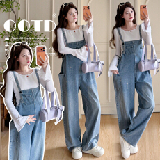 批发实拍2026时髦烫钻气质减龄可调节孕妇<b class='q'>牛仔</b><b class='q'>背带裤</b>+喇叭袖套装