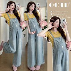 批发<b class='q'>实拍</b>现现2026<b class='q'>孕妇</b><b class='q'>刺绣</b>背带裤夏季时尚洋气牛仔阔腿裤休闲减龄套装