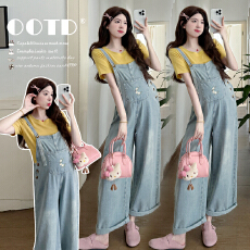 批发<b class='q'>实拍</b>现现2026<b class='q'>孕妇</b><b class='q'>刺绣</b>背带裤夏季时尚洋气牛仔阔腿裤休闲减龄套装