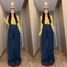 批发孕妇装新款<b class='q'>背带</b>裤前后两穿时尚阔腿牛仔裤+时尚黄色长袖上衣套装