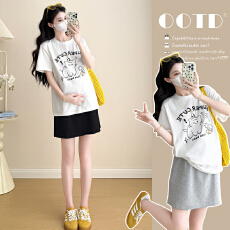 批发实拍  孕妇套装夏季新款纯棉印花T恤+<b class='q'>休闲</b>抽绳包臀半身短裙